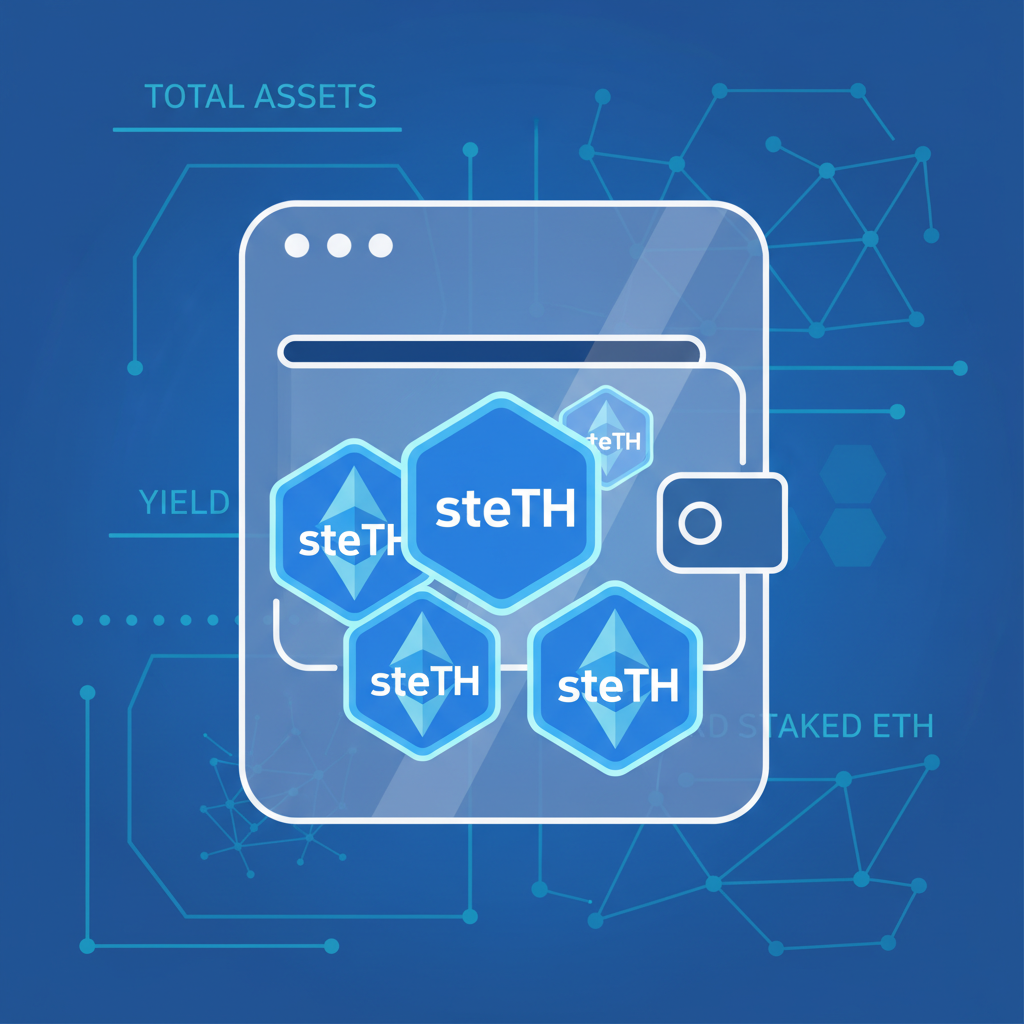 abstract blue ETH tokens labeled stETH in a wallet interface, futuristic DeFi dashboard background