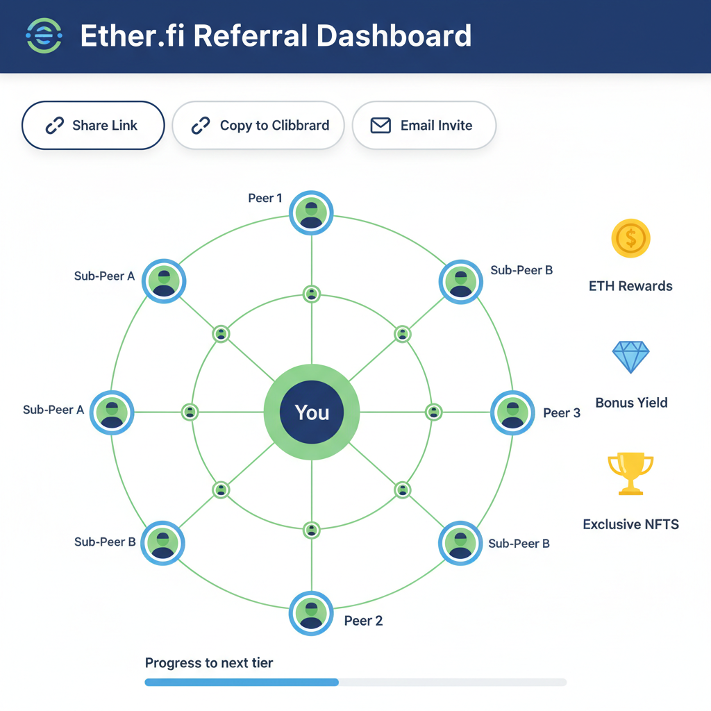 Ether.fi referral dashboard, share links, expanding peer network visualization, reward icons