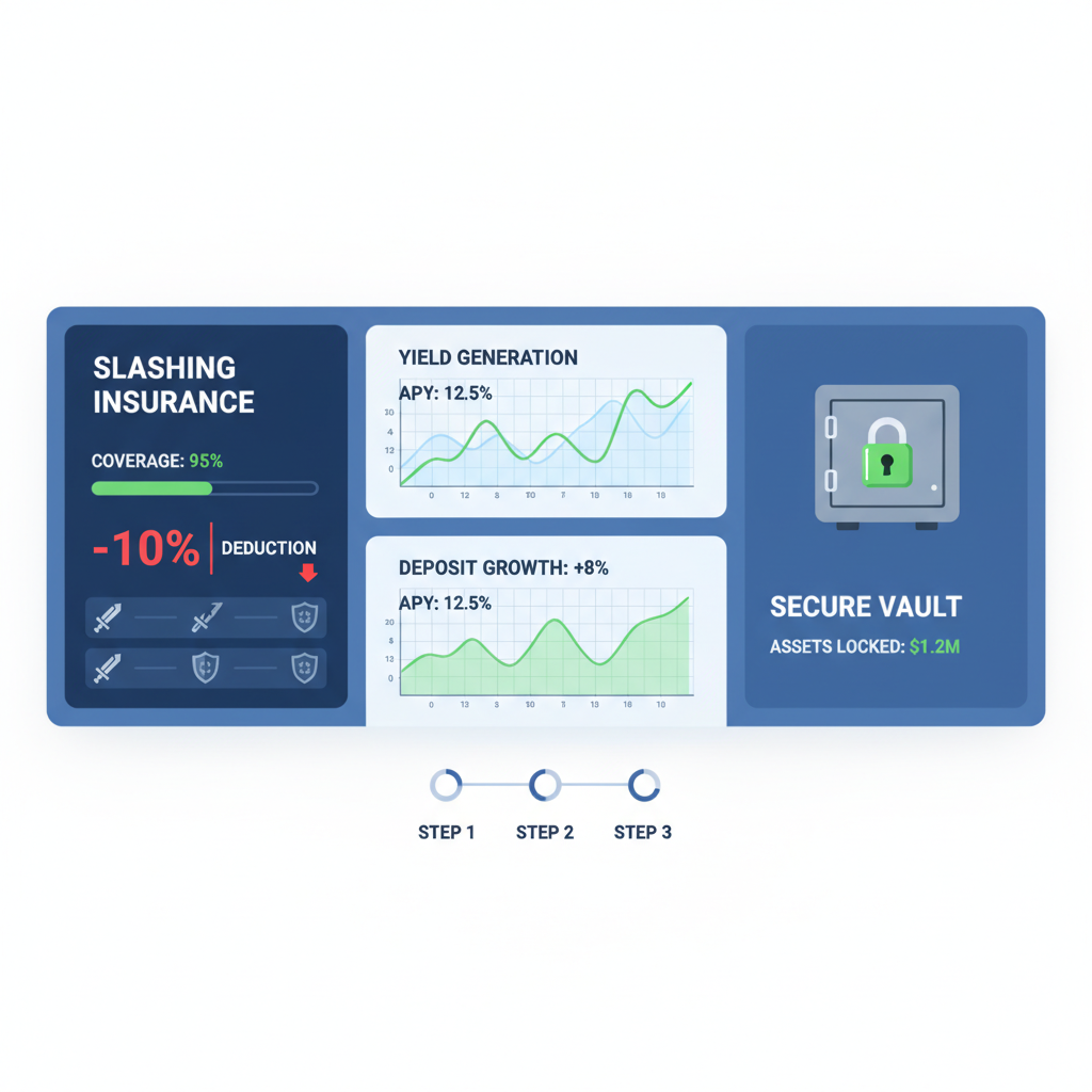 Monitoring dashboard with slashing insurance metrics, green yield graphs, secure vault