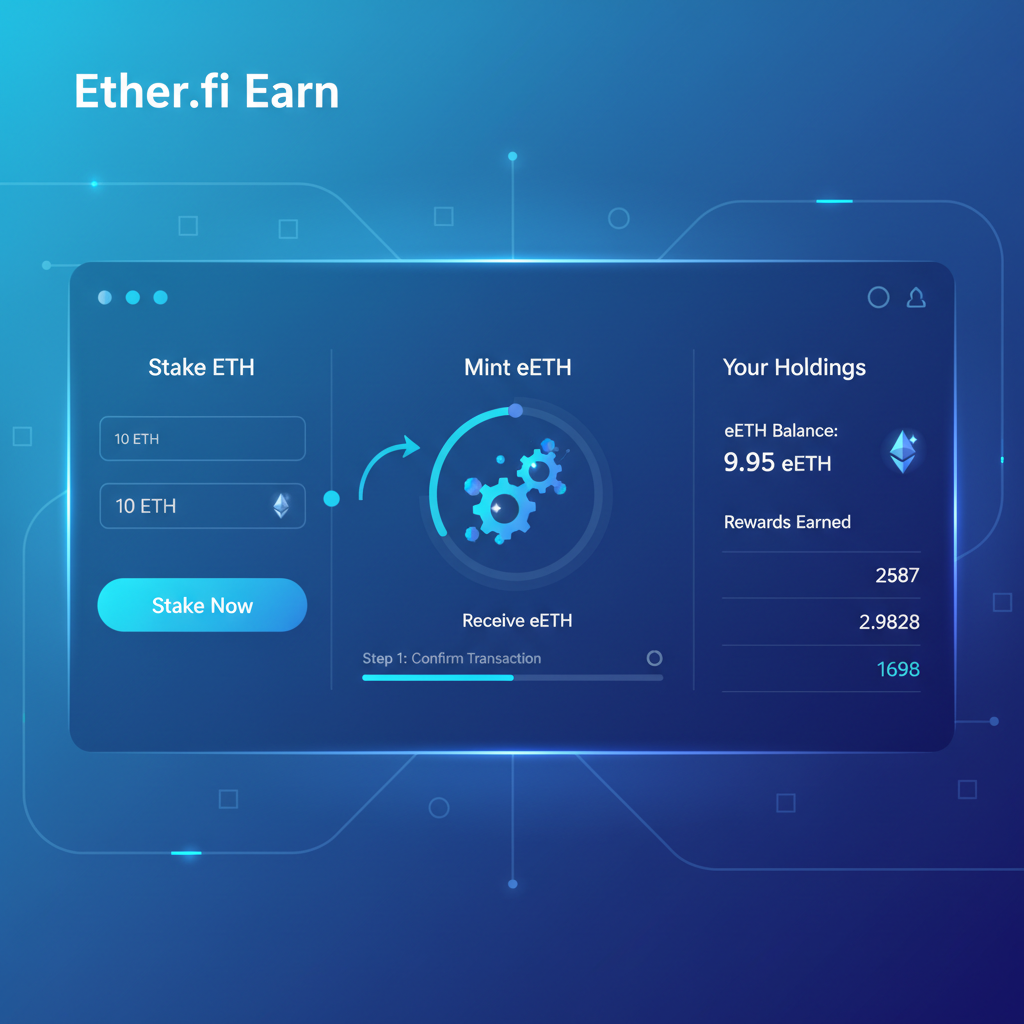 sleek Ether.fi Earn page UI staking ETH to eETH, glowing token mint, futuristic blue interface