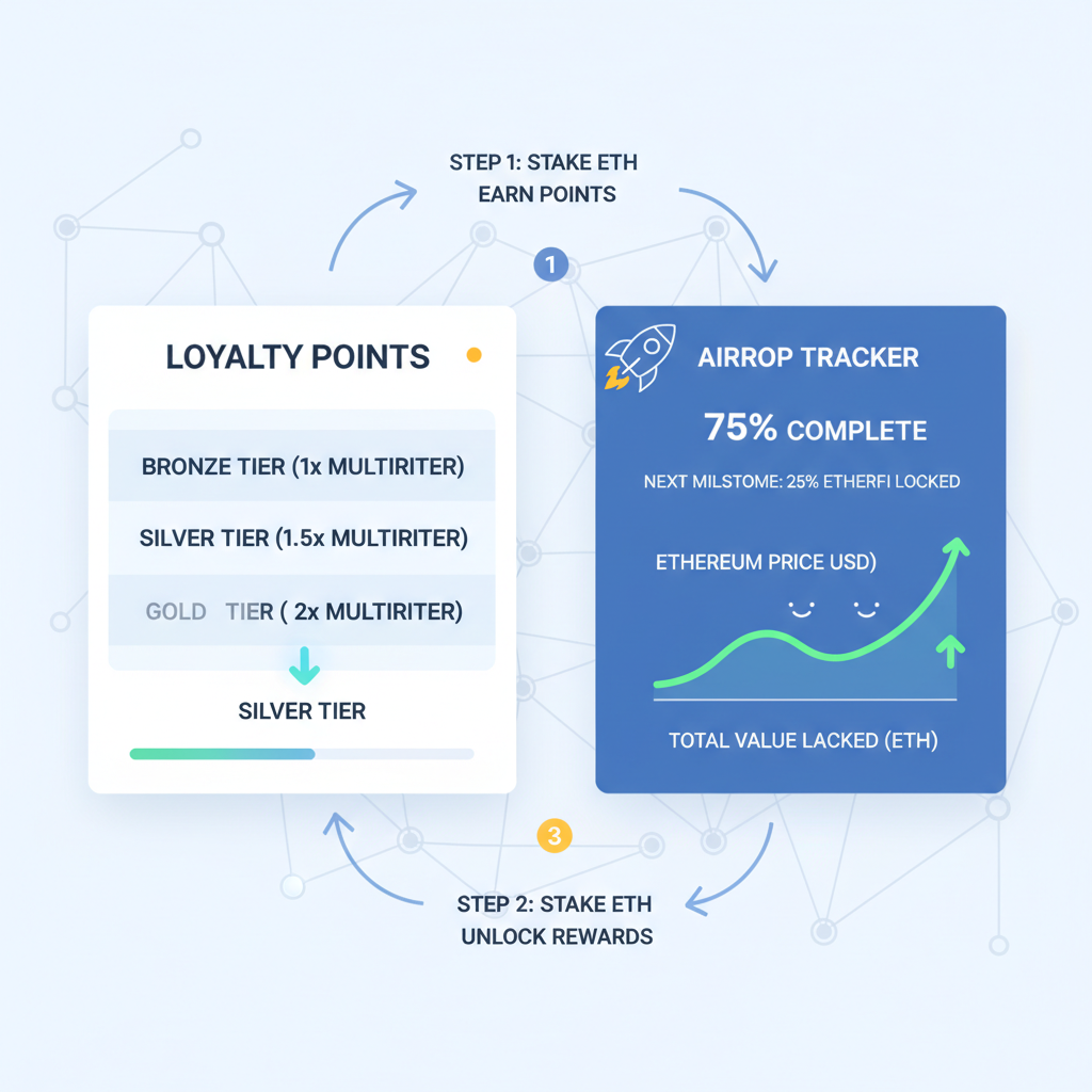 Ether.fi dashboard with loyalty points tiers, multipliers, airdrop tracker, optimistic upward charts