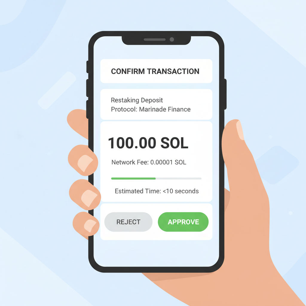 wallet popup confirming Solana transaction for restaking deposit, green approve button