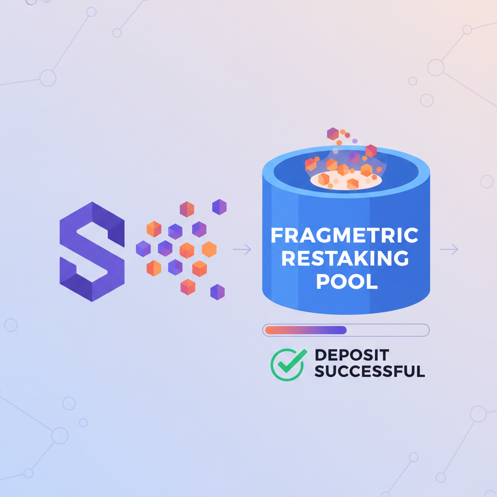 Depositing SOL tokens into Fragmetric restaking pool, glowing particles, Solana ecosystem background