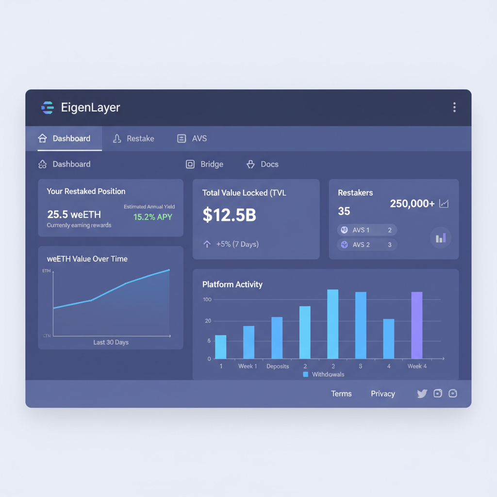 EigenLayer dashboard screenshot mockup showing restaked weETH position, charts and TVL metrics
