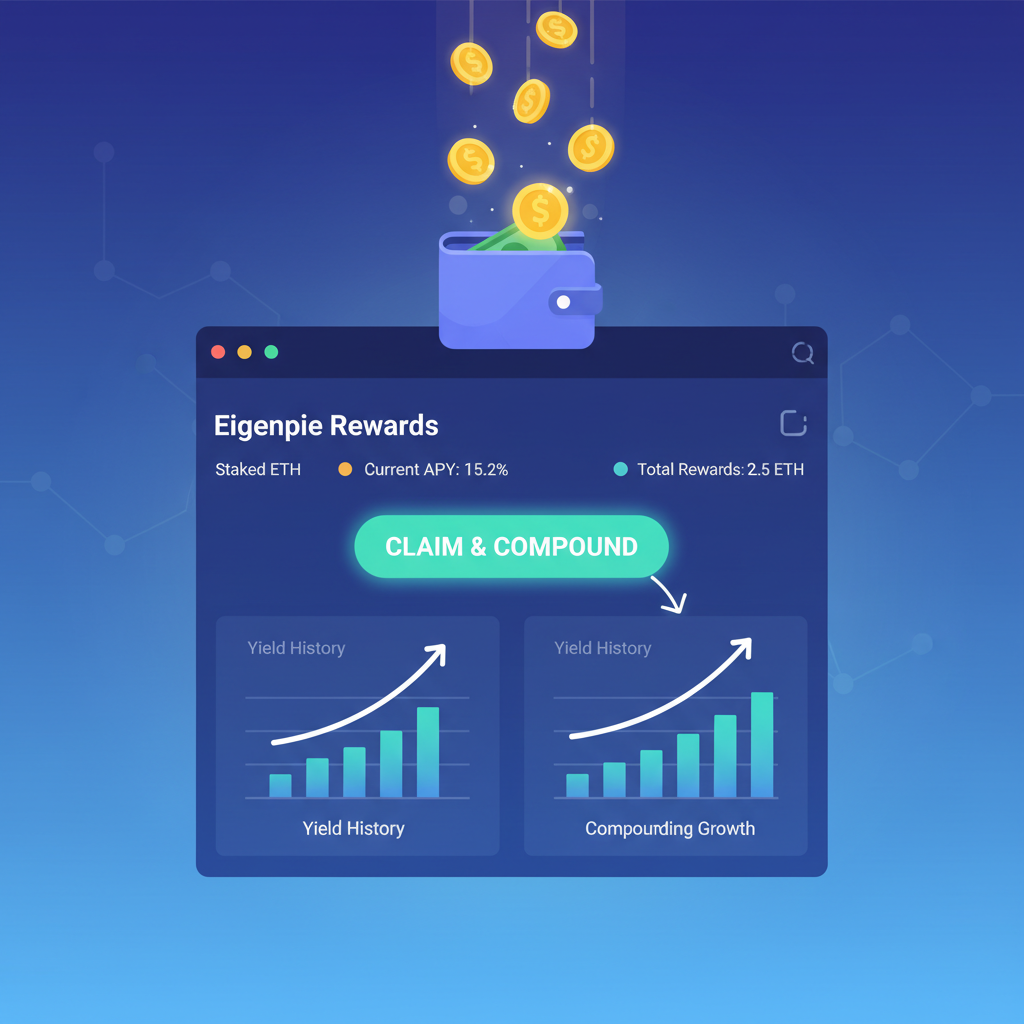 claiming glowing yield rewards on Eigenpie dashboard, compounding charts rising, gold coins raining, professional DeFi interface
