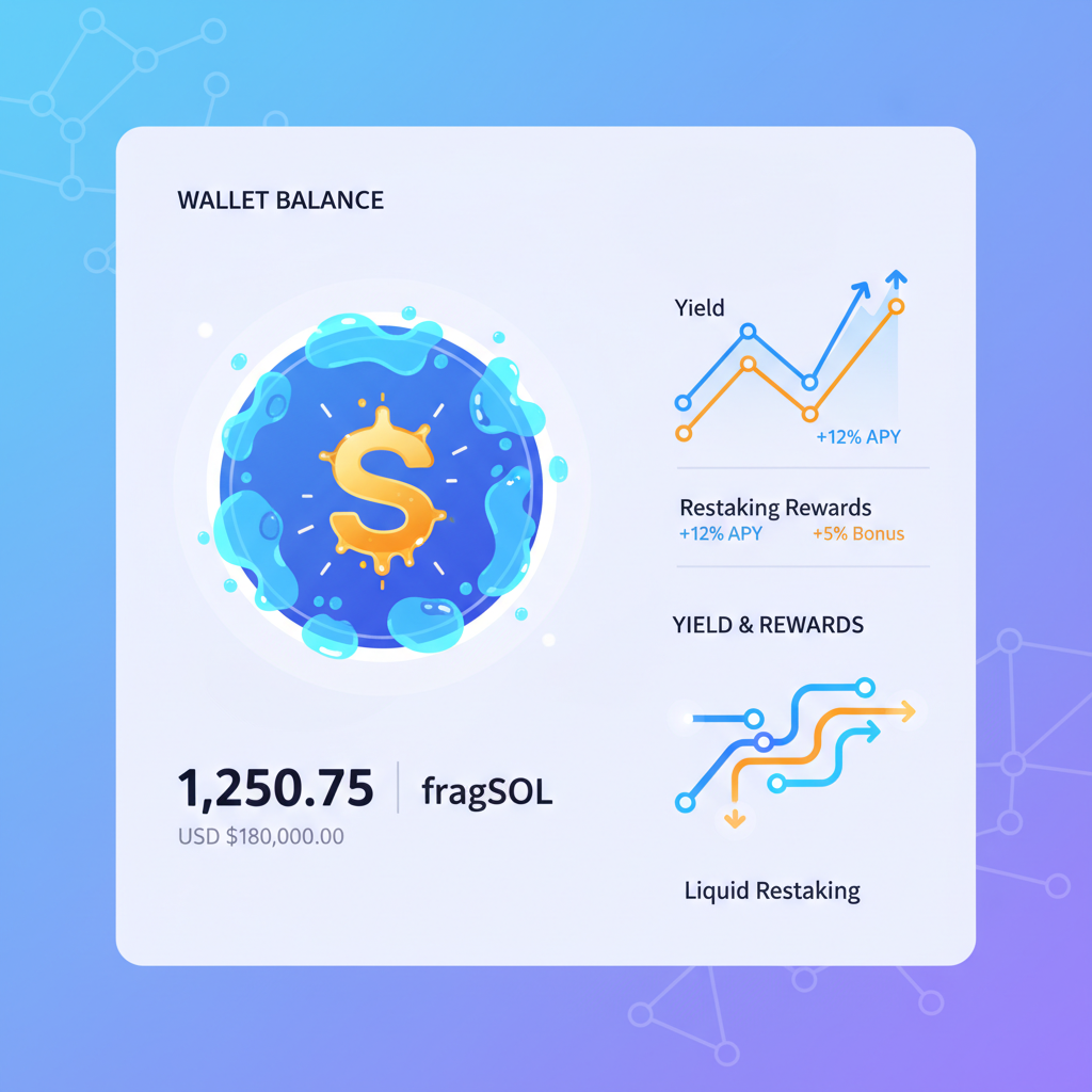fragSOL token icon in wallet balance with yield charts, glowing liquid restaking visuals
