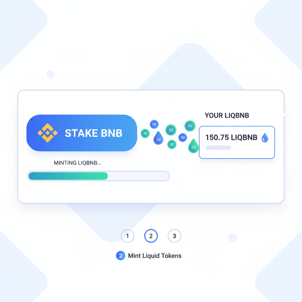 user interface staking BNB to mint liqBNB, progress bar filling, liquid tokens flowing out