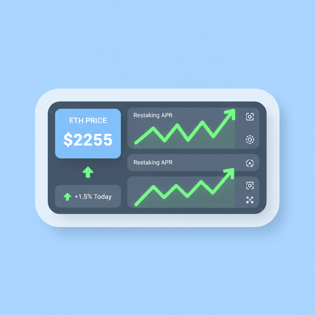 yield charts with rising green lines for restaking APR, ETH price ticker at $2255, monitoring dashboard