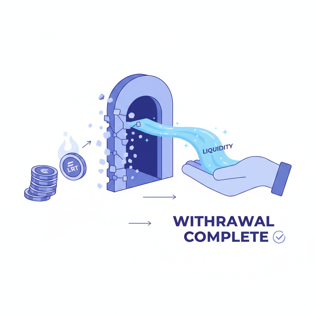 redeeming LRT tokens back to liquidity on Eigenpie, smooth withdrawal flow, unlocked vault opening, serene blue tones