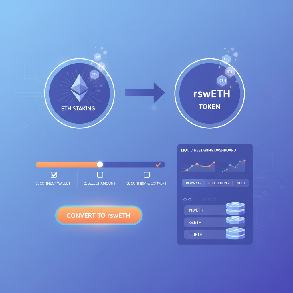 ETH staking interface converting to rswETH token, liquid restaking dashboard, glowing tokens