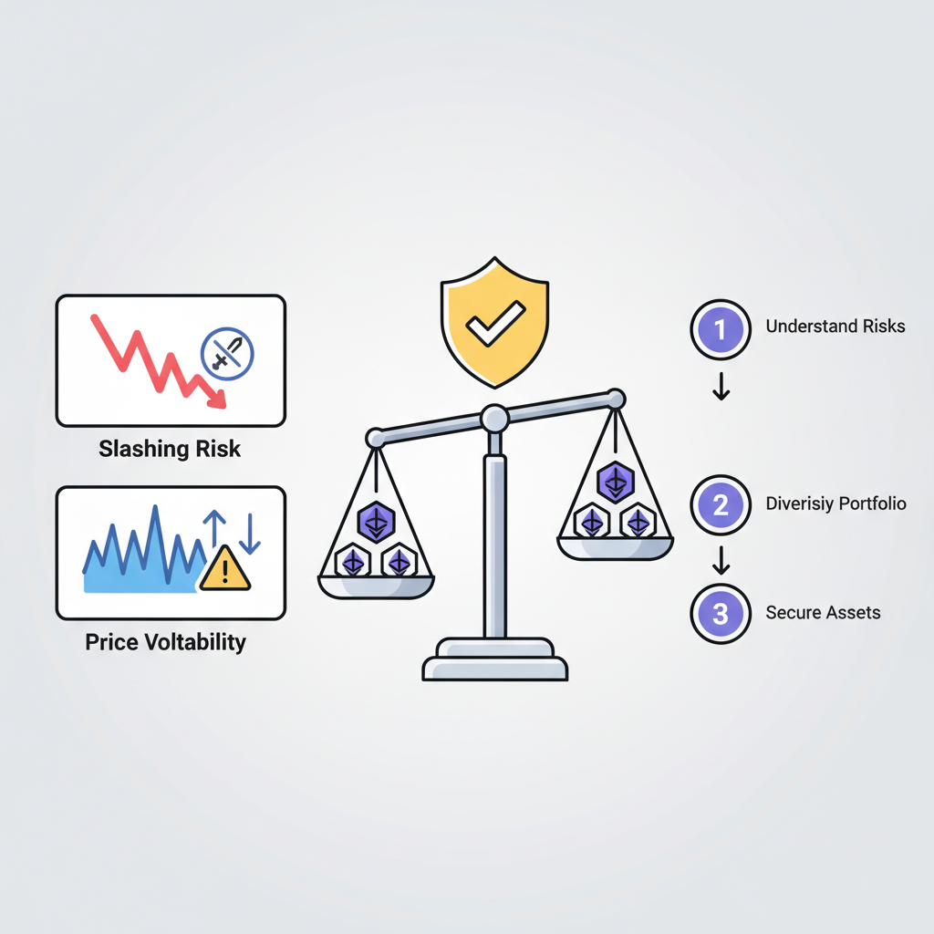 warning icons over risk factors like slashing and volatility graphs, balanced scale with ETH tokens