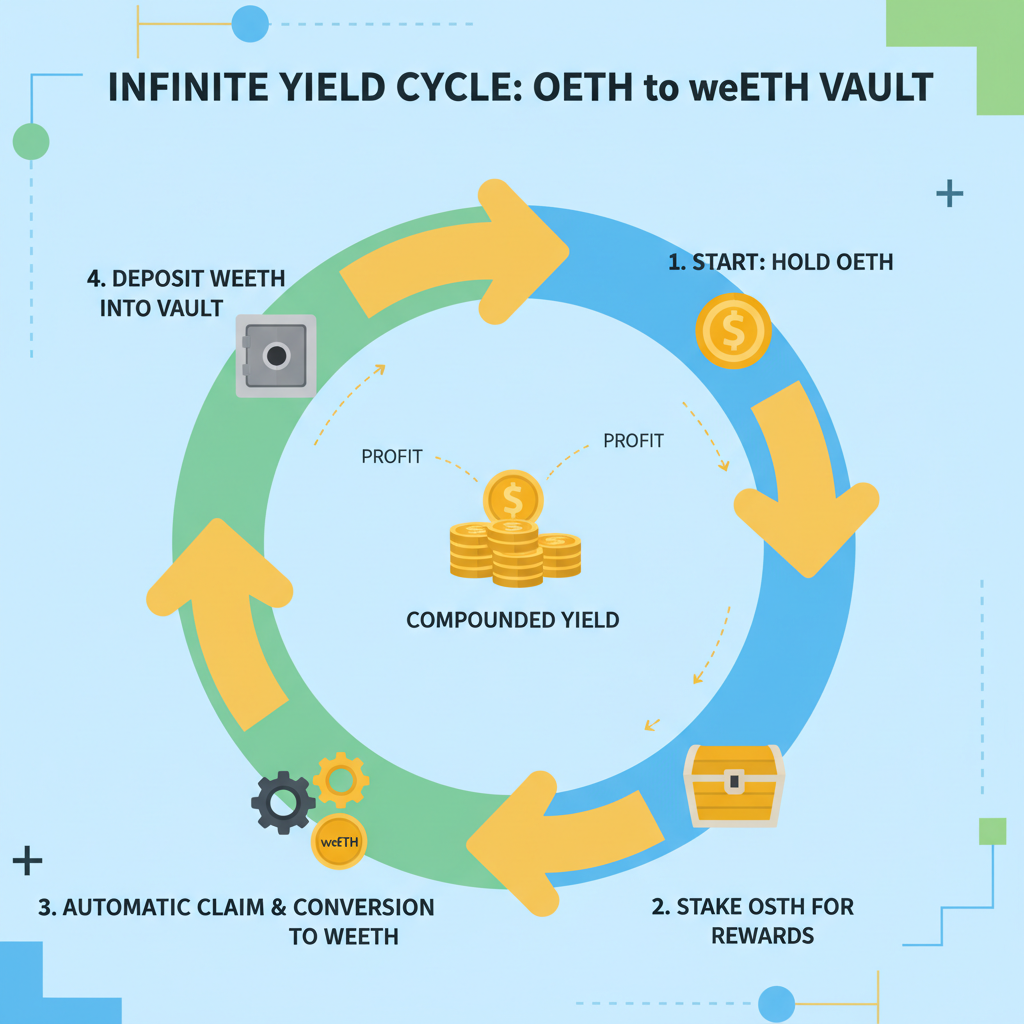 Profit looping from OETH to weETH vault, infinite yield cycle diagram, golden token flow in DeFi ecosystem