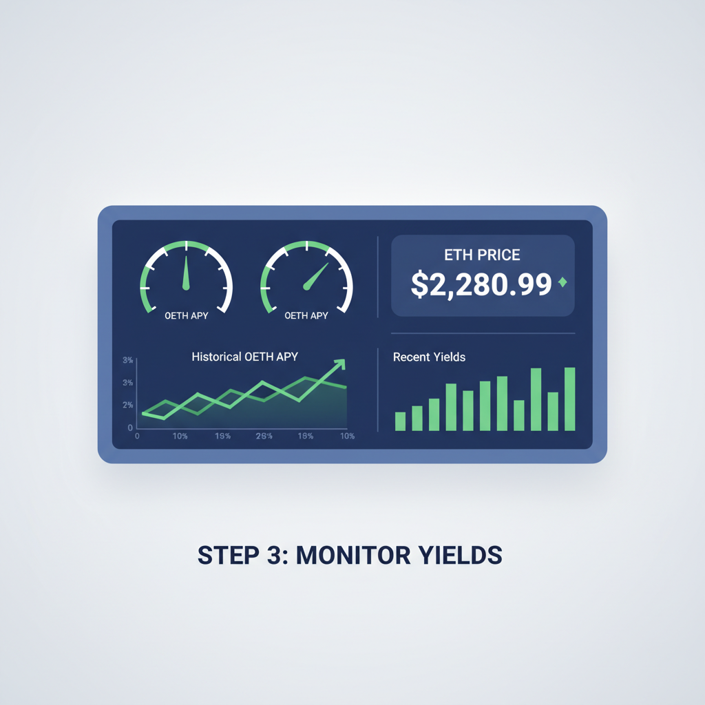 Yield monitoring dashboard showing OETH APY charts, ETH price $2,280.99 ticker, green upward graphs