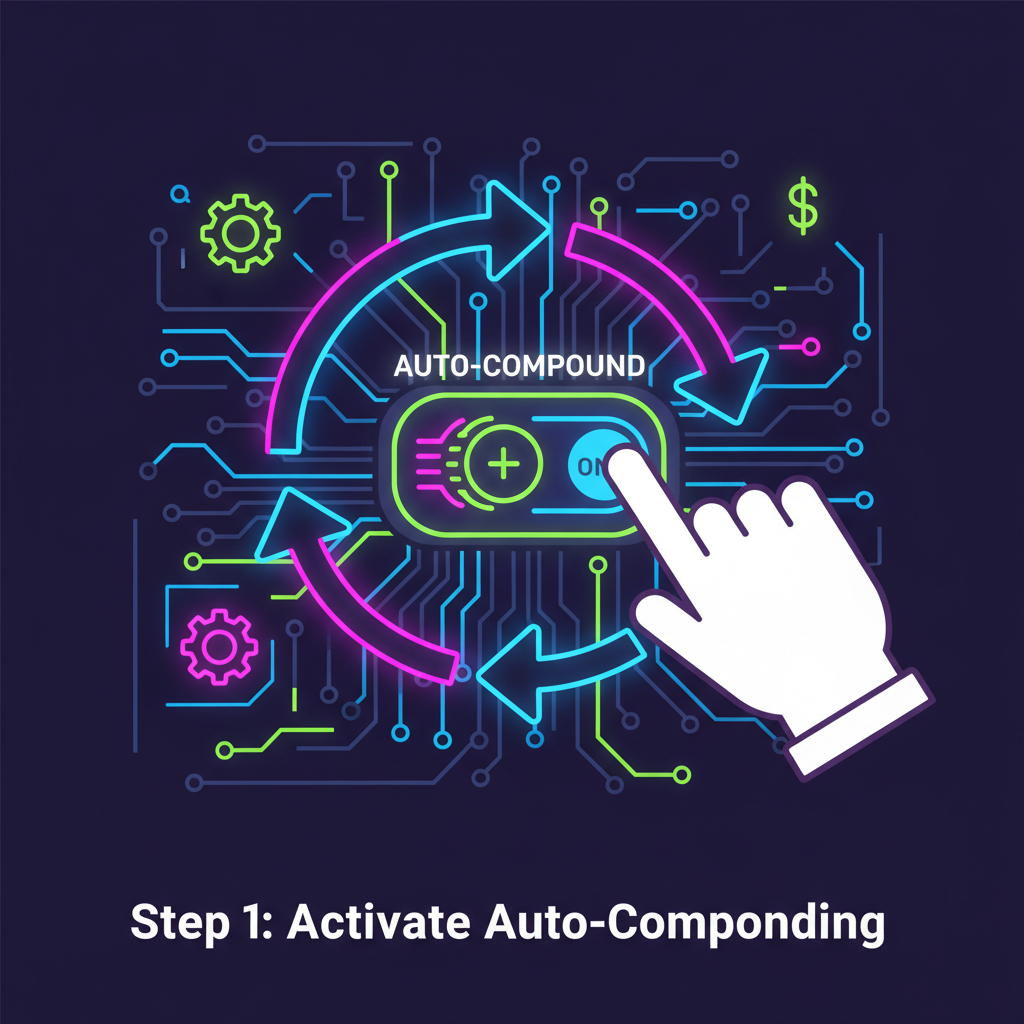 auto-compound switch flipping on, reward arrows looping infinitely, neon circuit board